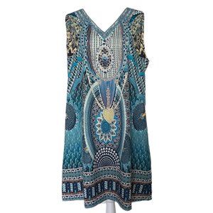 Sheily Women's Blue Boho Sleeveless V Neck Lightweight Shift Dress Size XXL